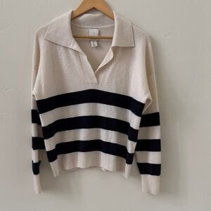Joie Cashmere Cream + Dark Navy Striped V-Neck Sweater